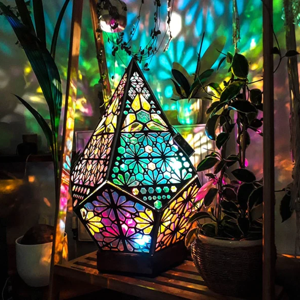 Bohemian Projection Lamp - Colorful Night Light - Wooden Floor Lamp
