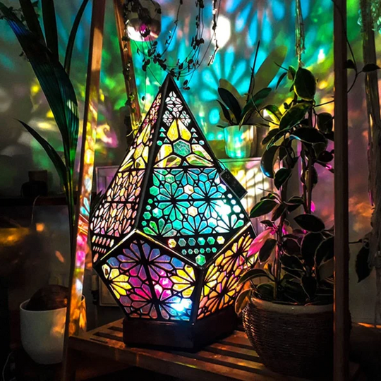 Bohemian Projection Lamp - Colorful Night Light - Wooden Floor Lamp