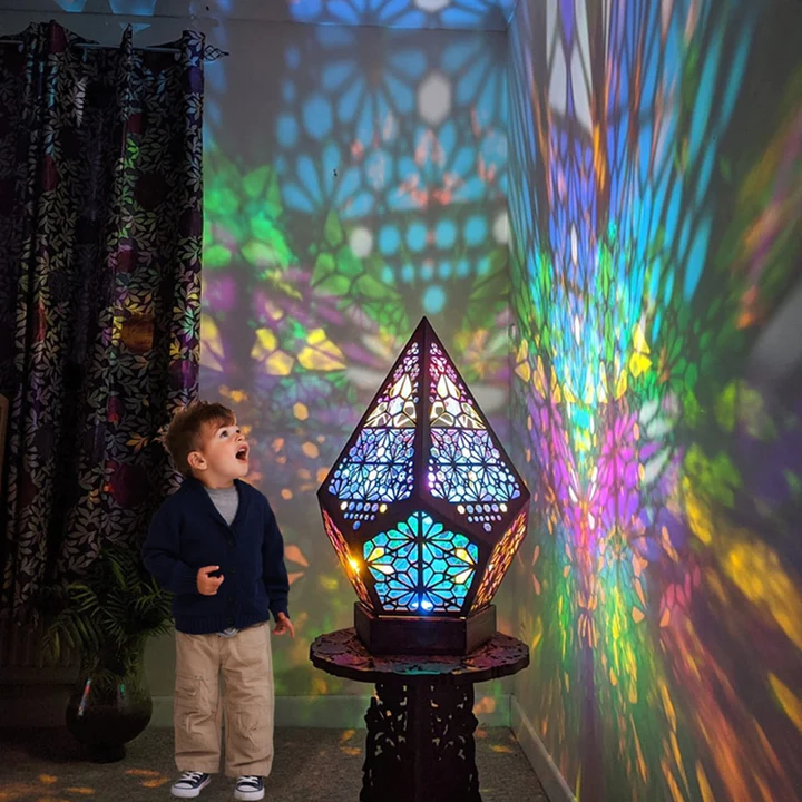 Bohemian Projection Lamp - Colorful Night Light - Wooden Floor Lamp